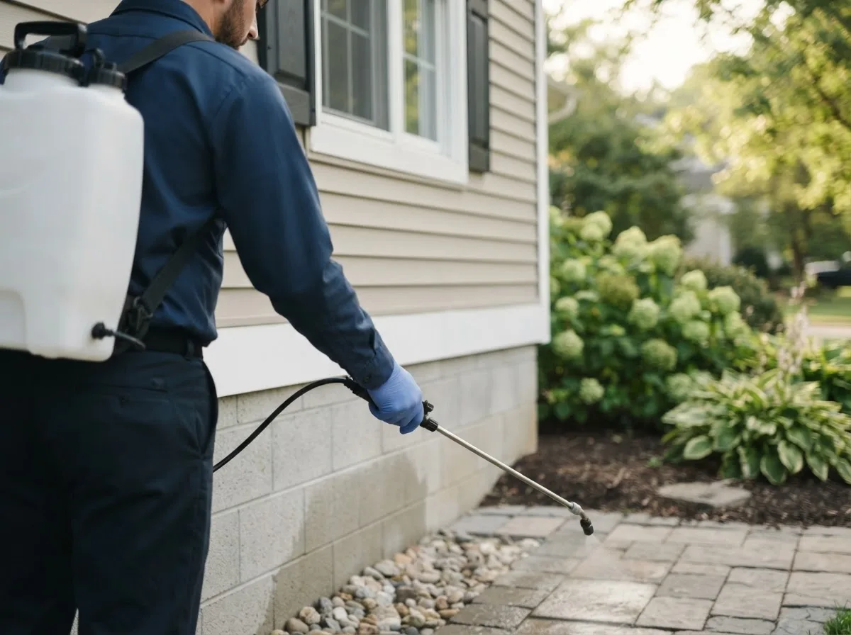 Pest control technician inspecting a home in Ute, IA